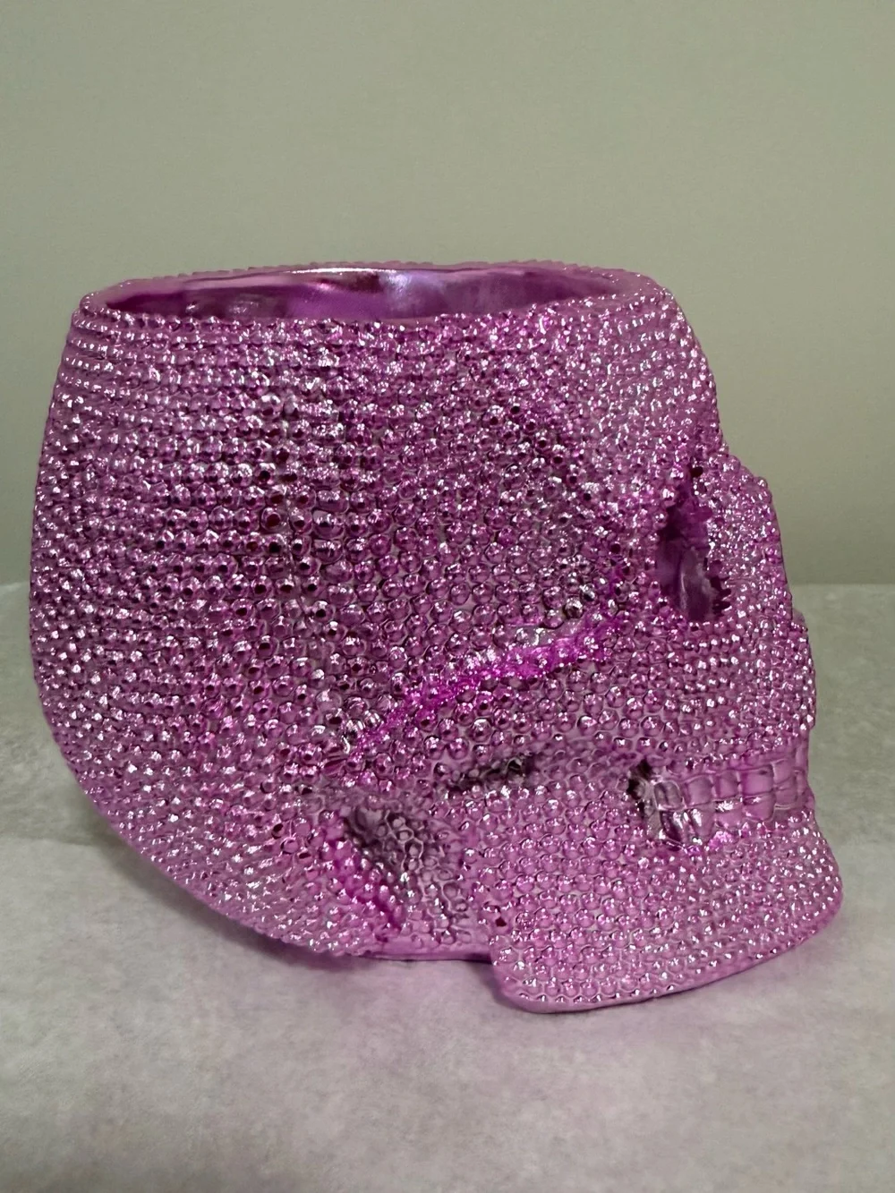 Pink Skull Makeup Brush Holder Raised Metallic Vanity Decor